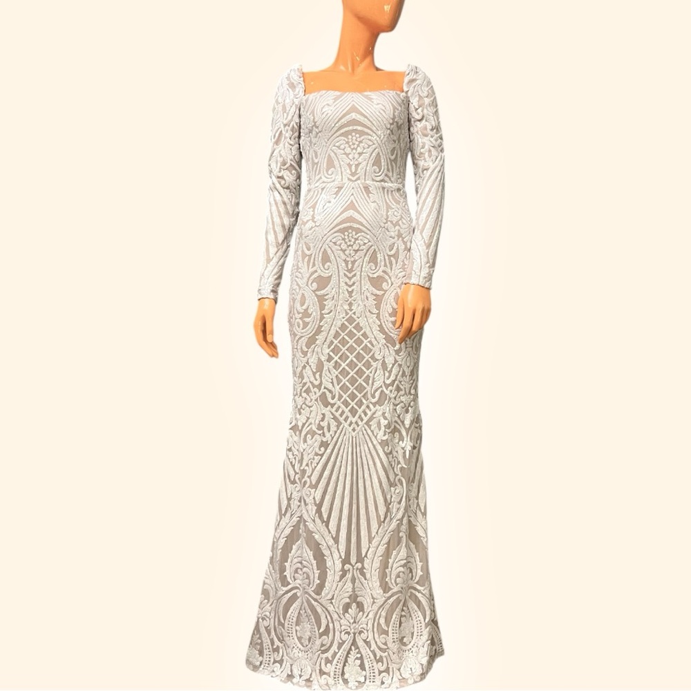 WINDSOR Sequined Long Sleeve Square Neck Maxi Dress Gown